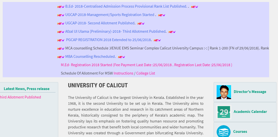 Calicut University B.Ed Rank List 2018