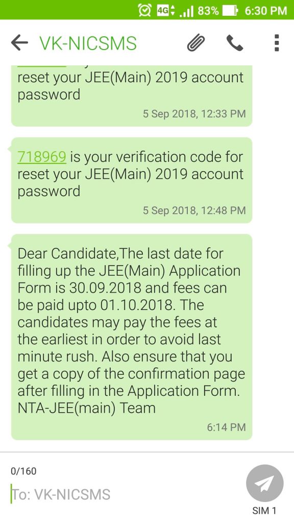 JEE Main Registration 2019 Message